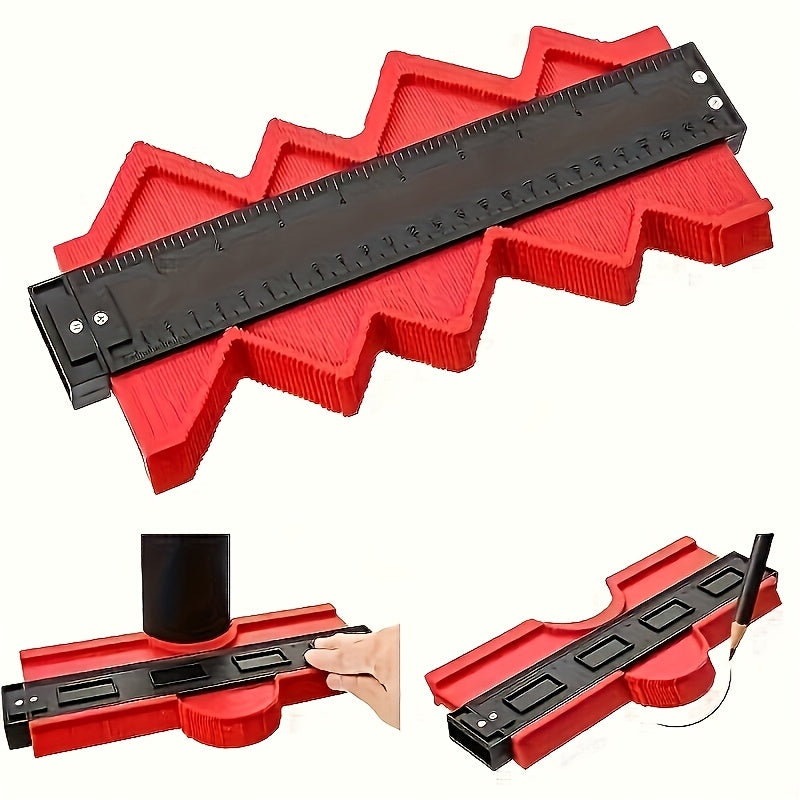 A versatile plastic contour measuring tool that can be adjusted to different angles, stretched, retracted, and reused.