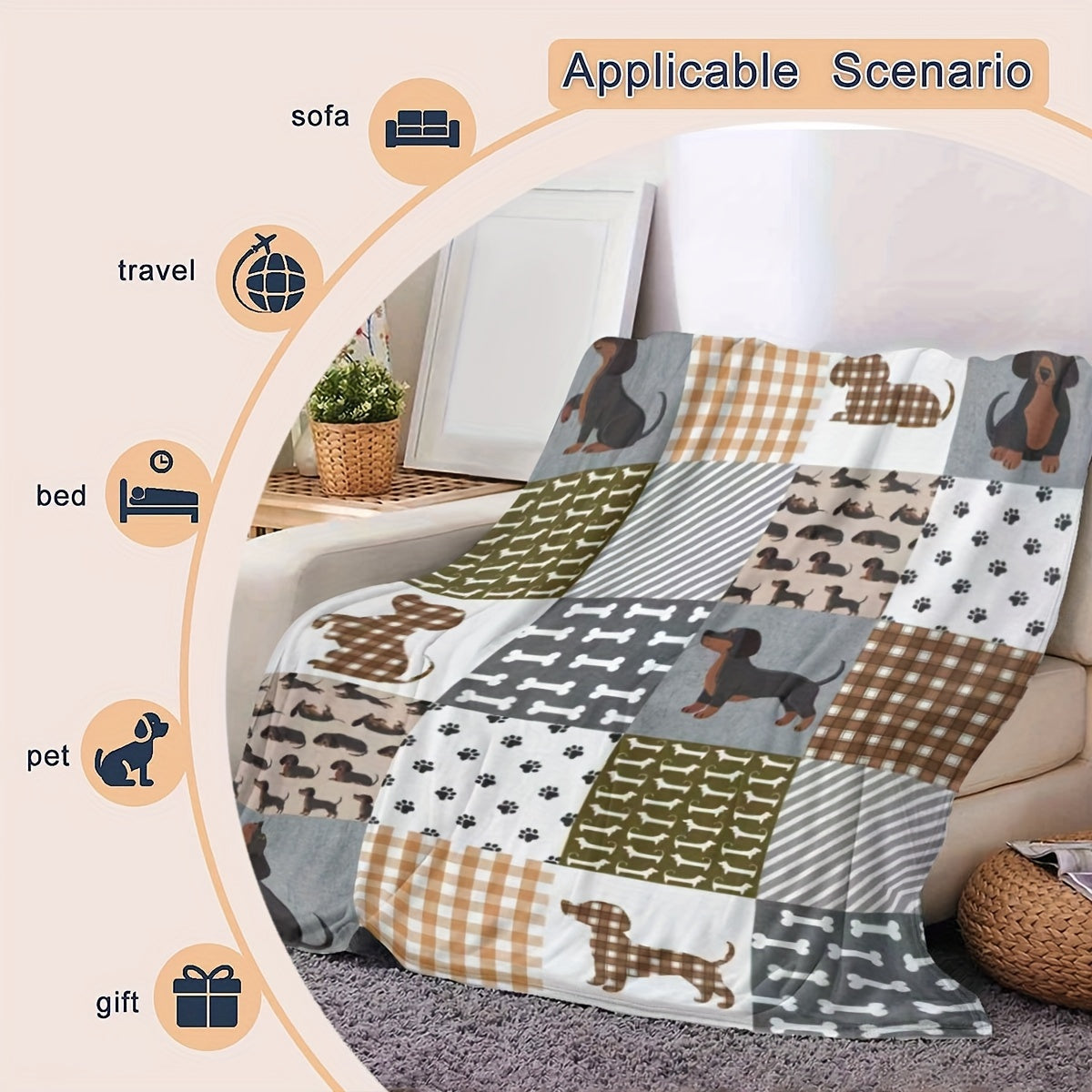 Modern Dachshund Dog Printed Flannel Throw Blanket, Cozy Lightweight All-Season Gift for Pet Lovers, Perfect for Bed, Sofa, Chair, Living Room Decor. Featuring Animal Theme Digital Print on Soft Polyester Material, Crafted with Versatile Knit Fabric.