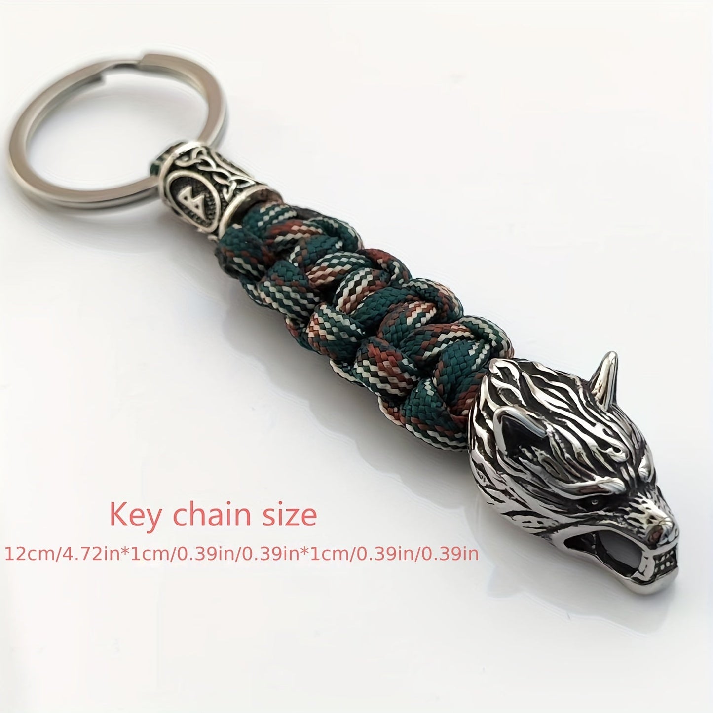 Men's Fashion Accessory: Viking Wolf Head Keychain in Stainless Steel - Hand-Woven Polyester, Sporty and Stylish Key Chain