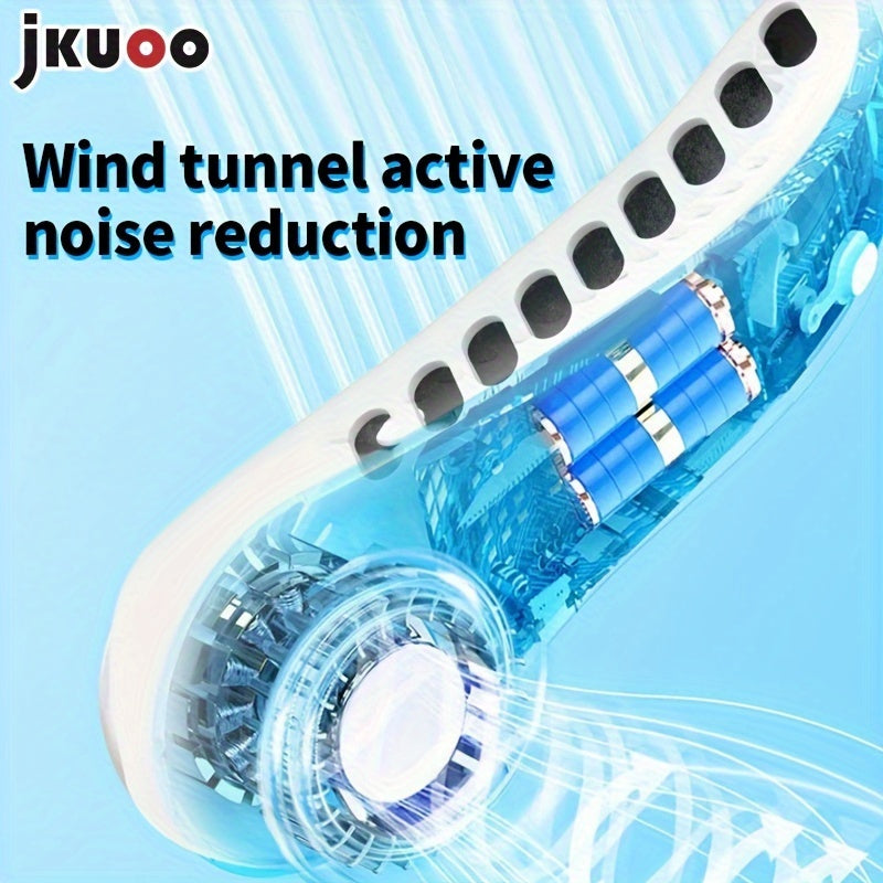 Stay cool on the go with the JKUOO Portable Neck Fan. Featuring a 5-speed digital display, USB rechargeable design, and quiet operation, this fan is perfect for indoor and outdoor use. The silicone handle makes it easy to carry, while the plastic