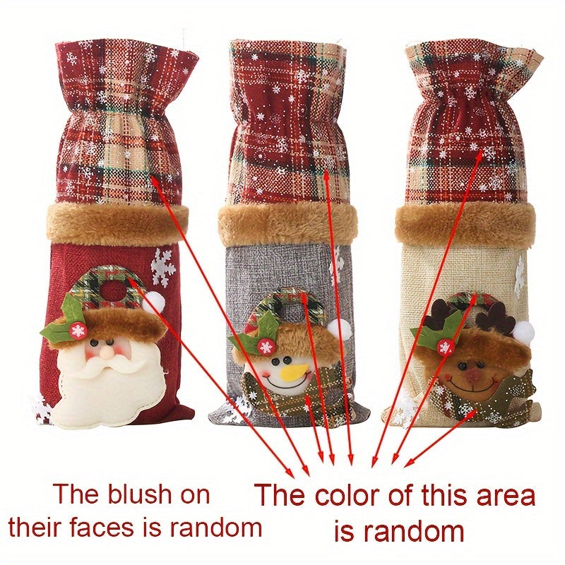 Set of 3 Christmas wine bottle covers in plaid linen with Santa and reindeer design. Hand washable canvas bags for holiday décor and accessories.