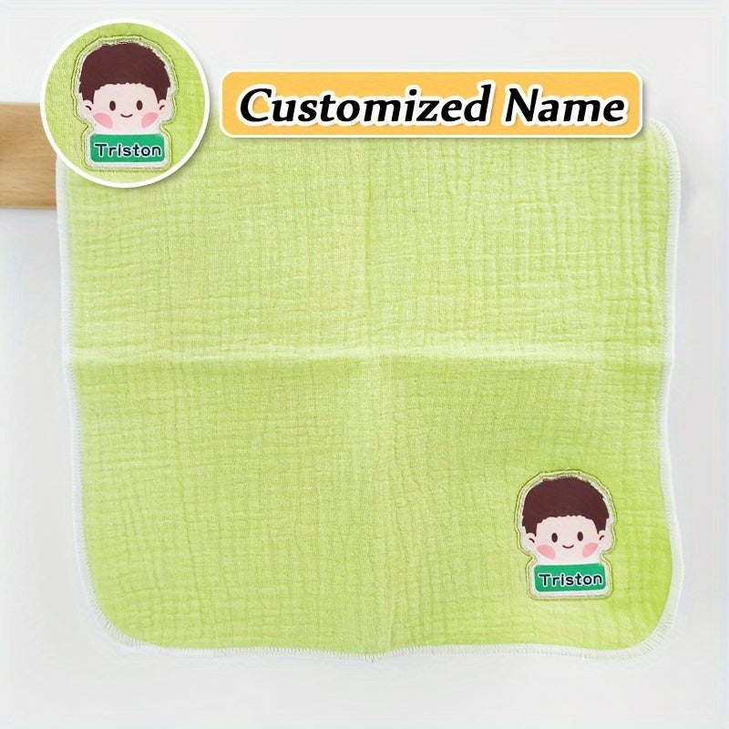 Soft and absorbent gauze handkerchiefs designed for youngsters, featuring breathable, natural material and adorable cartoon designs. Personalized name option also available. Includes 3 pieces.