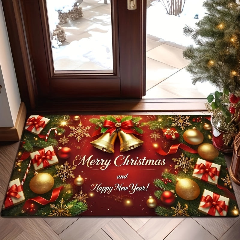 Christmas Doormat made of luxurious plush material, 1.2cm thick and non-slip. Festive red with golden bells and snowflakes design. Absorbent and machine washable, suitable for living room, bedroom, kitchen, office, laundry area, and as a Christmas floor