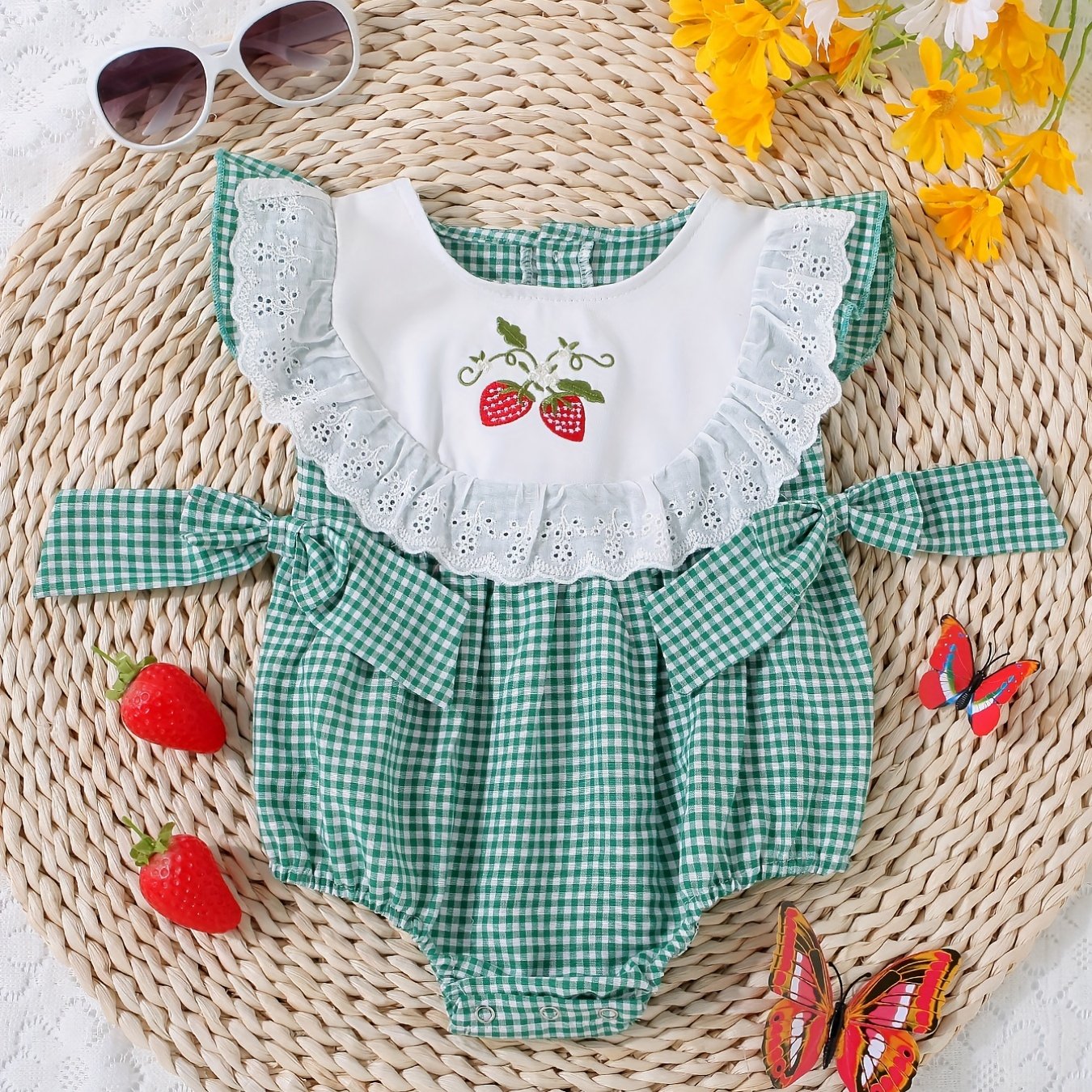 Infant girls' plaid onesie with strawberry embroidery and bow details, suitable for casual outdoor wear.