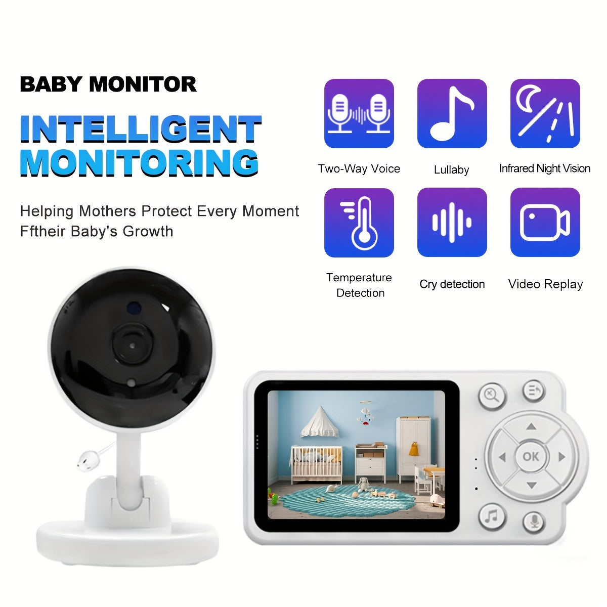 1pc ANYAZHINENG HD Smart Monitor featuring Two-Way Audio, 720P Video, Infrared Night Vision, Temperature Detection, Cry & Cooing Alerts, Lullaby, and Remote Viewing compatible with Smartphone.