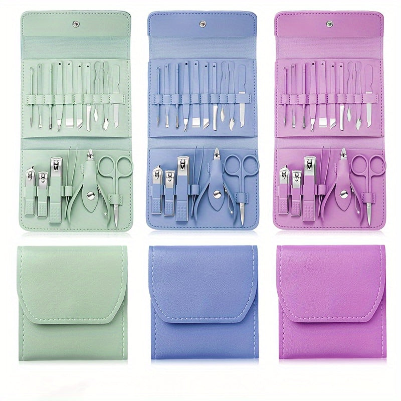 Set of 4, 8, 12, or 16 stainless steel household tools in a folding bag for manicures and pedicures.