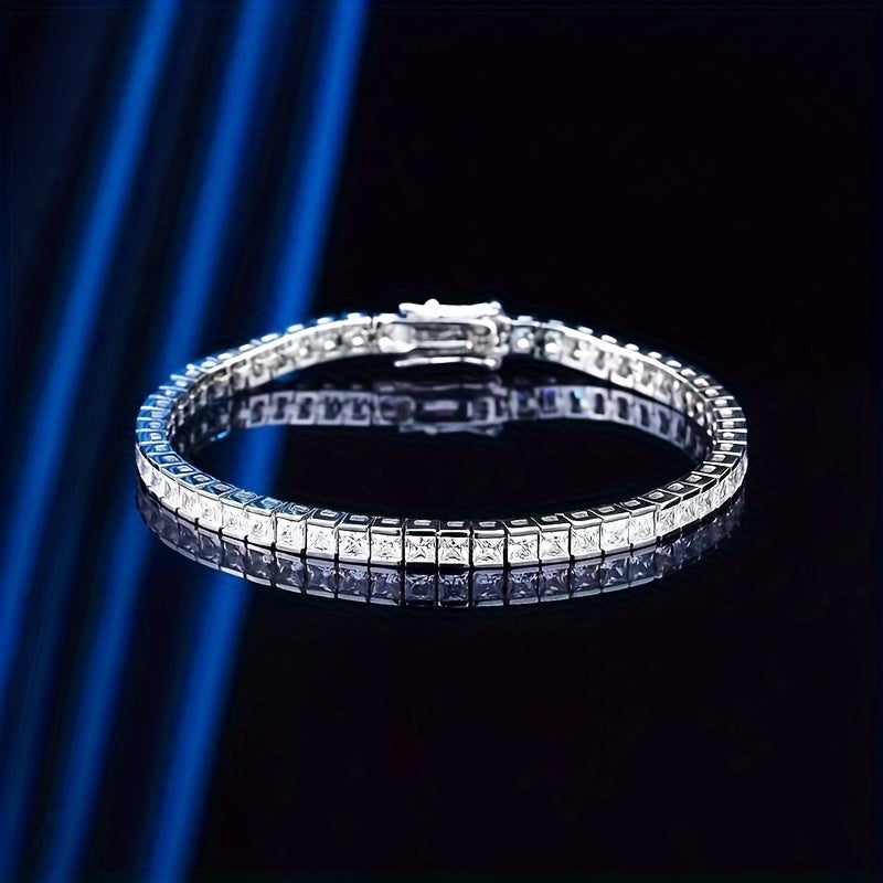 Get noticed with this sophisticated and chic 925 Sterling Silver Plated Moissanite Square-Cut Tennis Bracelet, a versatile piece perfect for everyday wear or special occasions. Give the gift of elegance this Valentine's Day with this timeless accessory