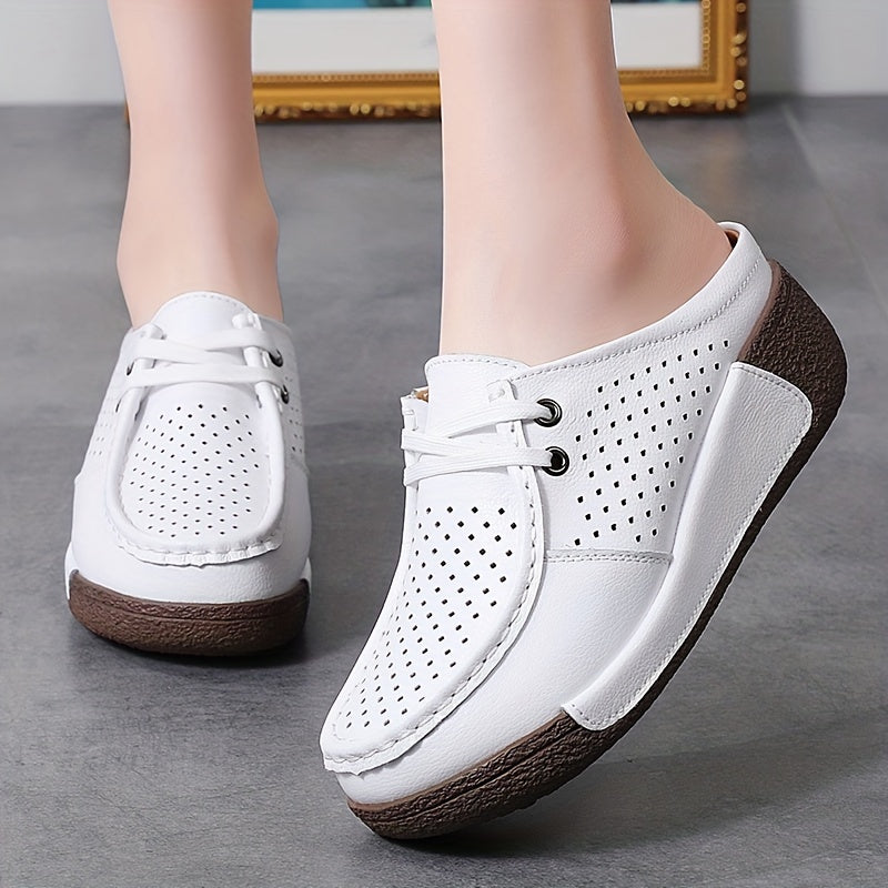 Women's Summer Slip-On Mule Shoes, Hollow-Out White Sneakers with Wedge Heel, Casual and Comfortable