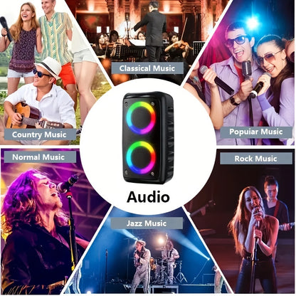 The HY3317 is a 2025 limited edition wireless speaker with crystal-clear sound, powerful bass, and portable features including a wired microphone, colorful lights, wireless 5.0, dual 3-inch