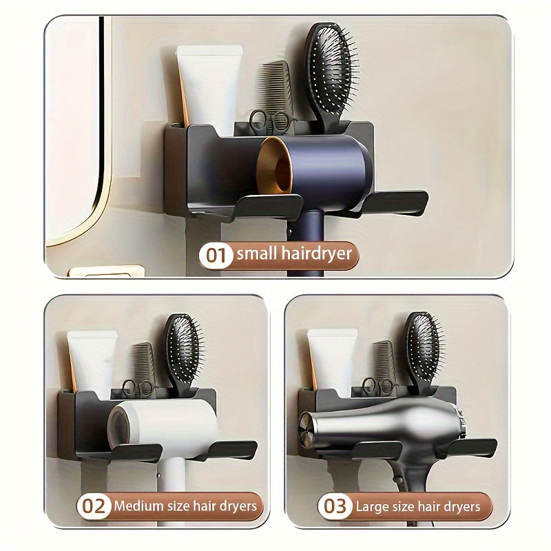 Wall-mounted hair dryer holder with dimensions 16.5x7x12.5cm, hands-free stand for small to large dryers, space-saving bathroom organizer.