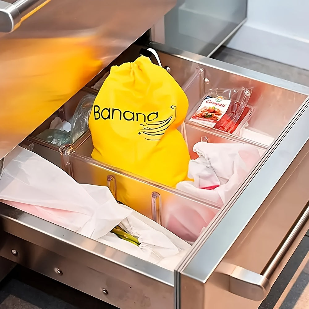 Yellow Banana Storage Bag to keep your bananas fresh and prevent ripening. This lightweight and washable bag is perfect for storing vegetables and fruits. Durable and convenient, this kitchen supply will help keep your produce fresh longer.