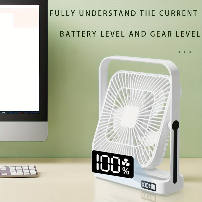 Introducing the Goard 8-inch Portable High-Velocity Table Fan with Digital Display and 5-Speed Button Control. This fan features a 360° rotating design and is USB rechargeable, making it perfect for travel, office, or home use. Made with ABS material and