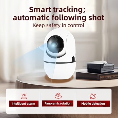 AI-Powered 2.4G WiFi security camera with 360-degree view, night vision, two-way audio, mobile app control, ideal for home and business surveillance, indoor/outdoor use, durable build