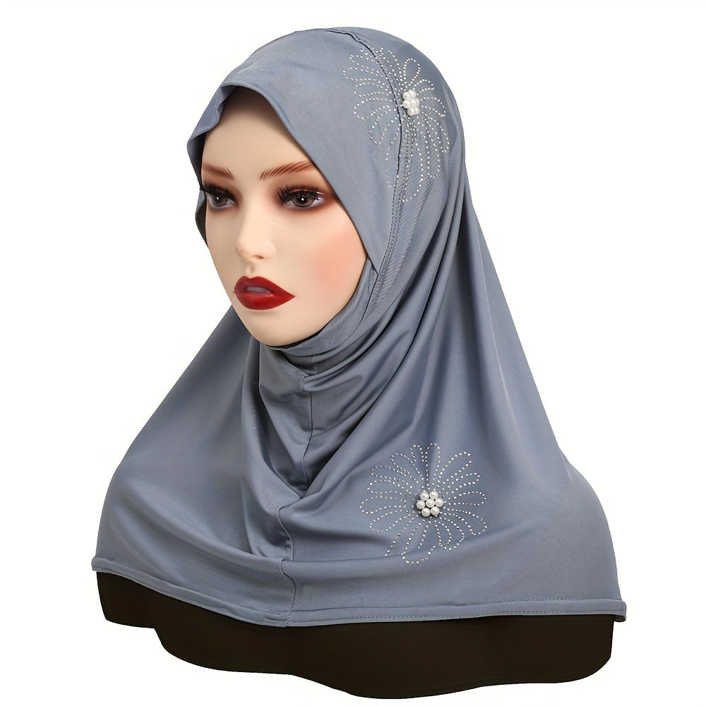 Women's Solid Color Elastic Polyester Hijab with Rhinestone and Pearl accents, full coverage chin cap, easy wear instant scarf for casual use, 100% polyester woven fabric with decorative