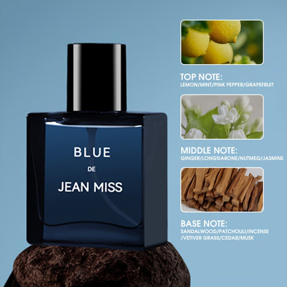 Men's perfume suit with blue cologne, wood fragrance, and lasting freshness in an authentic gift box for students.