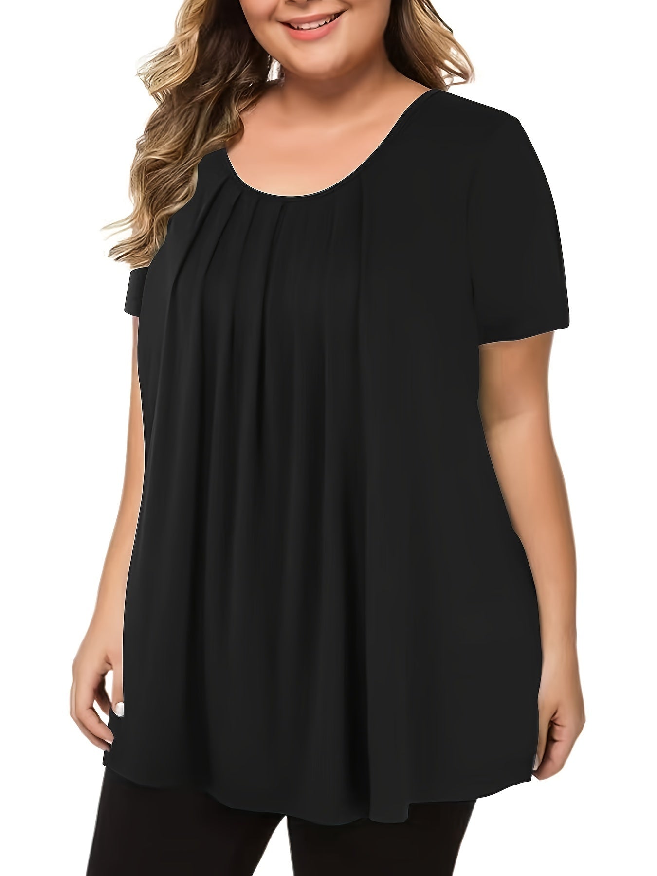 Loose-fitting round neck top for plus-size women.