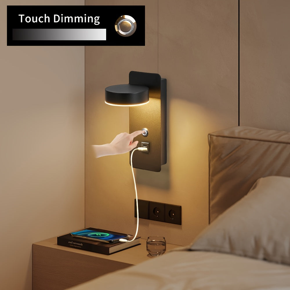 Wall-mounted reading lamp with dimming switch, 350° rotatable, USB port, touchable dimming 9W.