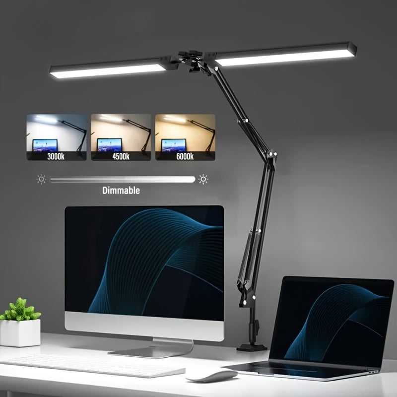 Ultra Wide Double Head LED Desk Lamp with Clamp, 3 Color Modes, 10 Stepless Dimmable, USB Powered