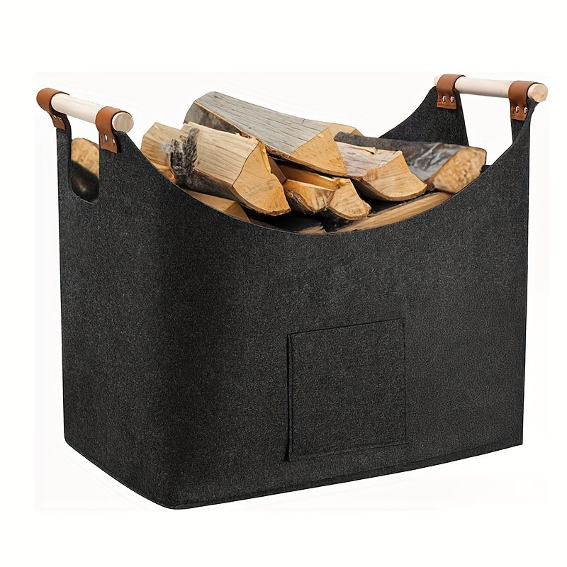 Large Dark Grey Felt Log Basket with Handles, Foldable Firewood Storage Tote for Fireplace, Space-Saving Fire Pit Accessory, Newspaper and Wood Carrier - Dimensions 50cm x 32cm x 40cm