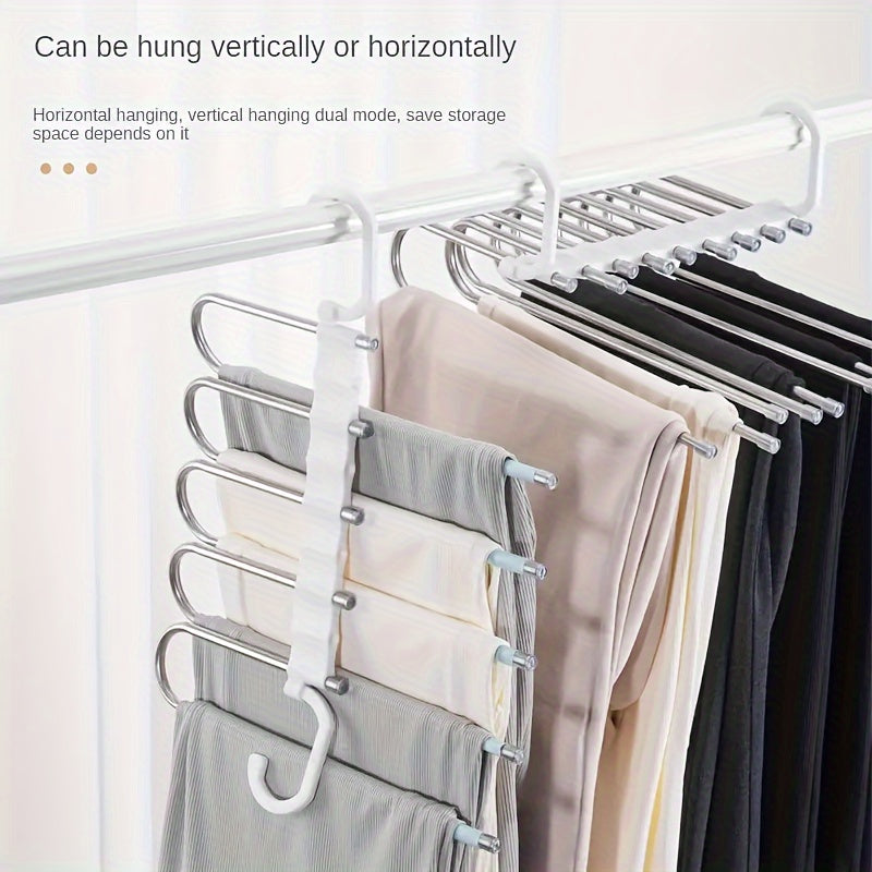 1 Stainless steel trouser hanger with 9 layers, anti-slip coating, 5 hooks; saves space and reduces clutter by 80% for tights, jeans, etc.