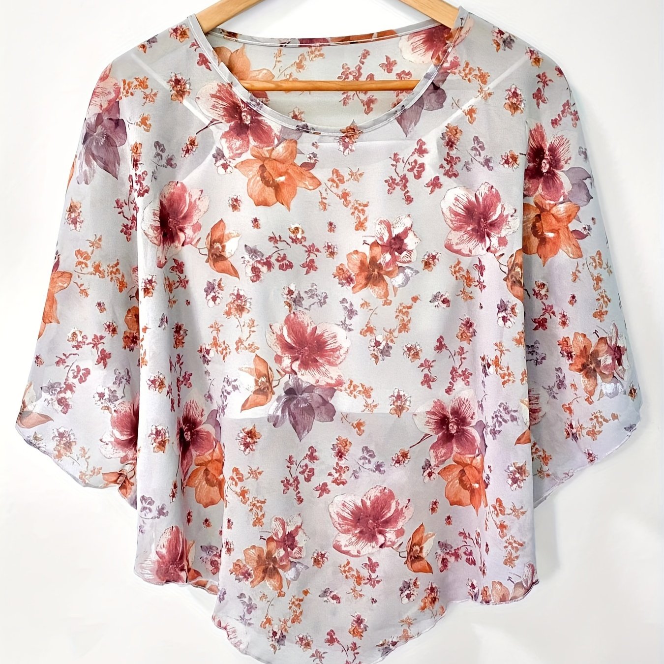 Floral Print Asymmetrical Blouse for Women - Sheer Sleeve, Sun Protection Shirt, Beachwear