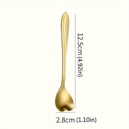 Set of 8 Stylish Golden Stainless Steel Spoons with Heart Design - Ideal for Coffee, Tea, Desserts & Stirring - Polished Mirror Finish Kitchen Utensils, Coffee Stirrers