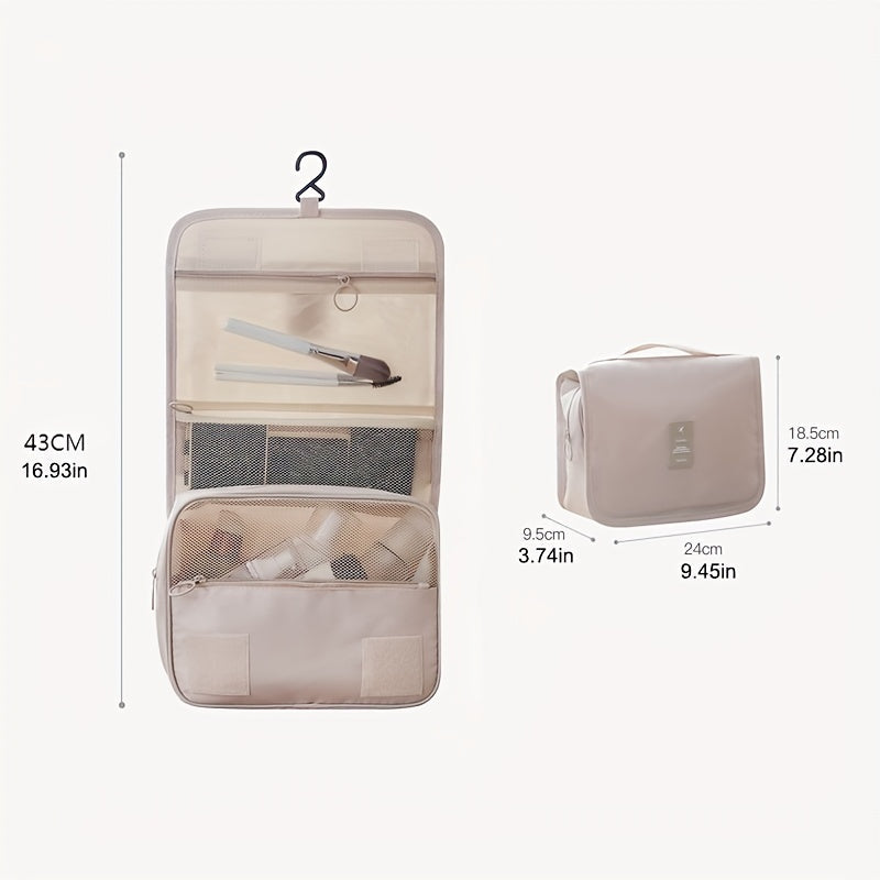 Travel in style with a waterproof Oxford fabric organizer - a versatile folding toiletry bag with a convenient hook for hanging. Available in chic light gray and ivory, this multifunctional bag is perfect for storing cosmetics and other essentials while