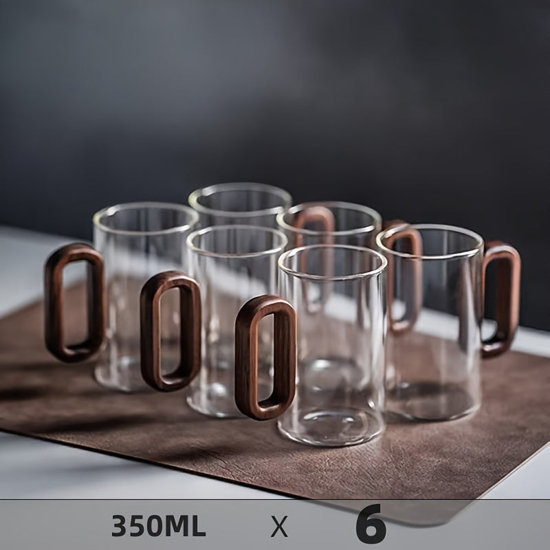 2/6 High Borosilicate Glass Water Cups with Smoke Green Wooden Handles, Black Walnut Tea Cup Set, Safe Packaging for Transportation.