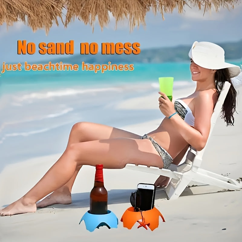 A versatile cup holder designed for outdoor use, this portable plastic tray is perfect for the beach and camping.