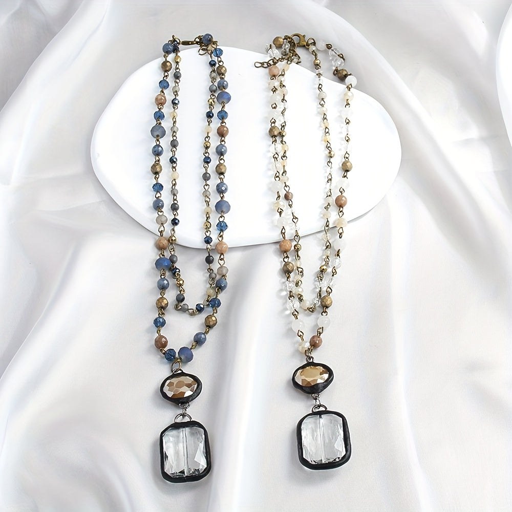 New tribal style necklace featuring two layers of natural stone crystals and glass chains, with a square glass pendant designed for daily wear by both men and women during the spring and summer seasons.