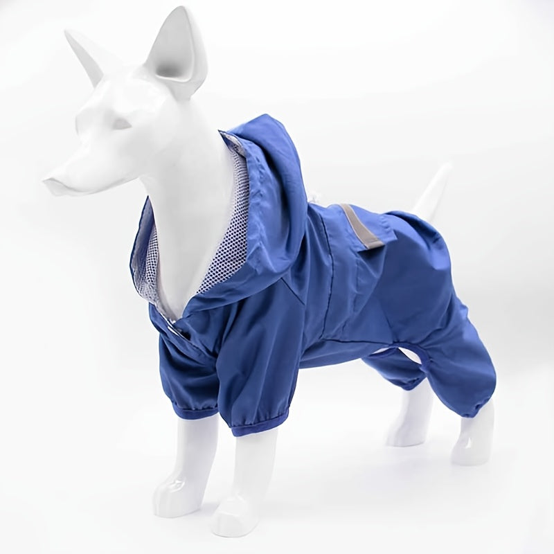 Waterproof reflective dog raincoat with snap buttons, stretch fabric. Suitable for small to medium breeds, hand wash only. Hooded, water resistant.