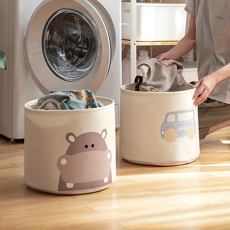 One Piece Large Capacity Felt Toy Storage Basket with Folding Laundry Hamper, featuring a Cute Animal Design. Made from Polyester Material with an Unfinished Look. Suitable for Ages 14+ and perfect for Standalone Use.