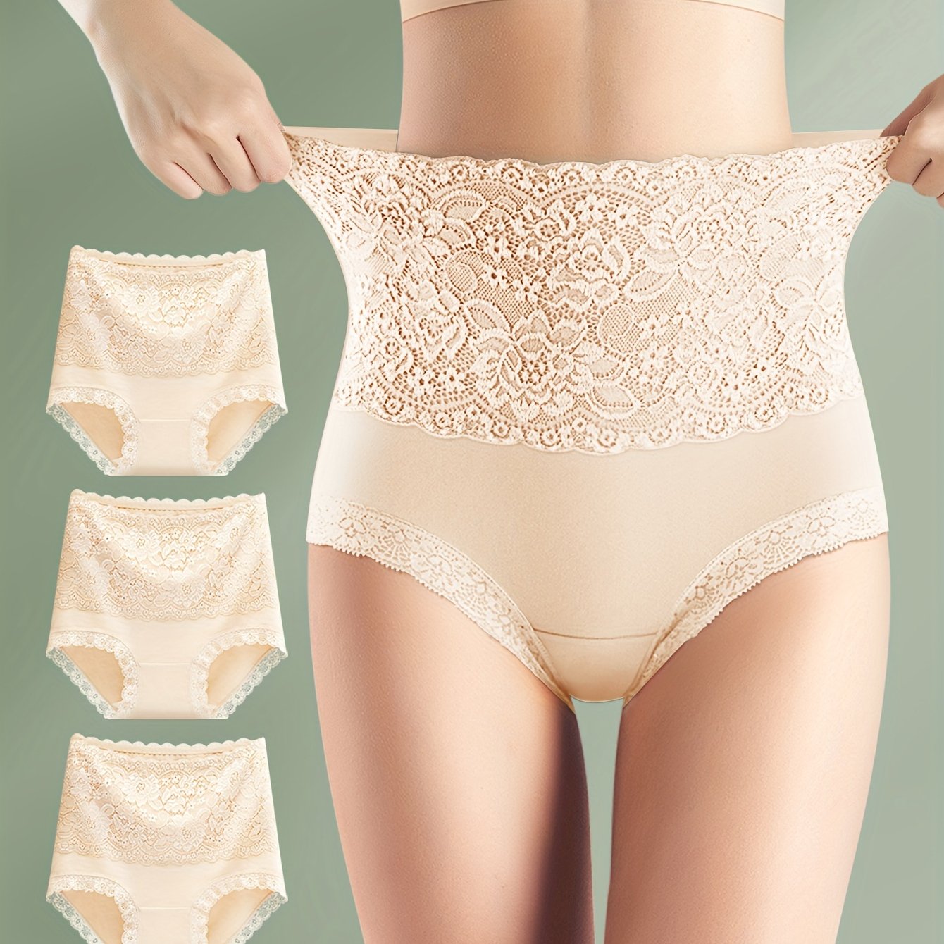 Set of 3 elegant high-waisted tummy control shapewear panties with lace detail for women