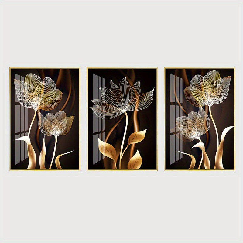 3 unframed posters of black and golden flower wall art canvas painting for living room decor, modern abstract design, 15.7x23.6in/40x60cm.