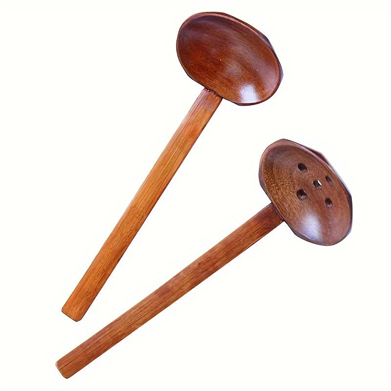 Handcrafted Wooden Soup Ladle/Spoon with Long Bamboo Handle - Kitchen Utensil for Food Contact - Ideal for Straining and Serving Hot Pot