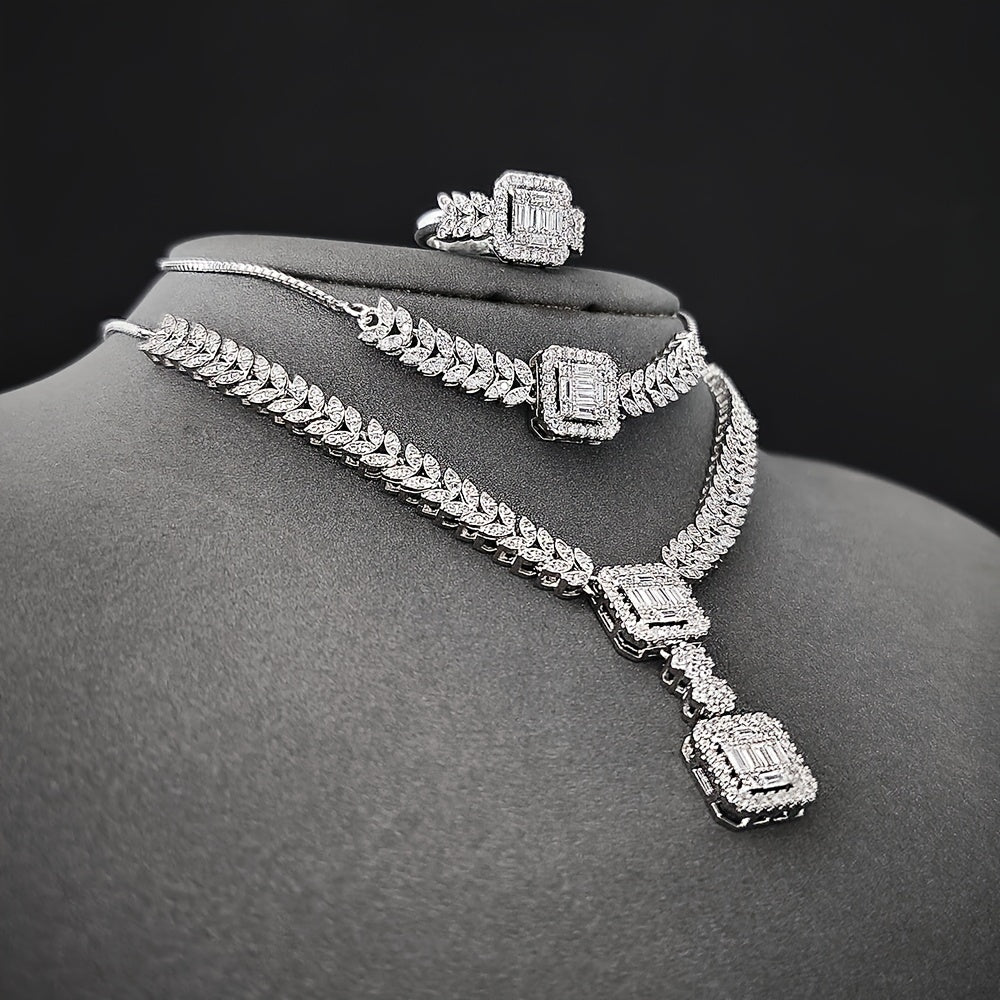 Sophisticated 4-piece Jewelry Set featuring Cubic Zirconia - Opulent Necklace, Earrings, Bracelet, and Ring perfect for Weddings, Engagements, and Special Events.