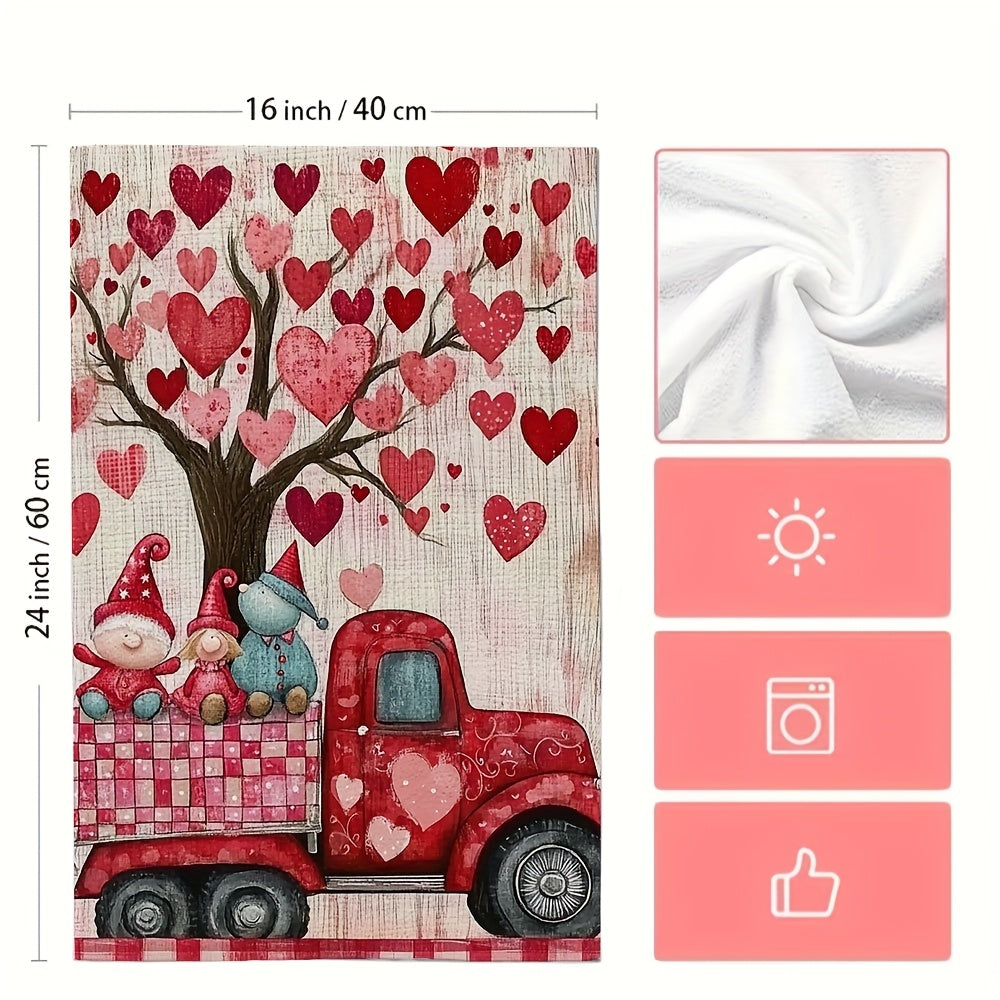 Pair of 2 ultra-soft kitchen towels featuring a Valentine's Day truck design with gnomes, ideal for holiday decor. These highly absorbent dish towels are machine washable and measure 40.64x60.96 cm.