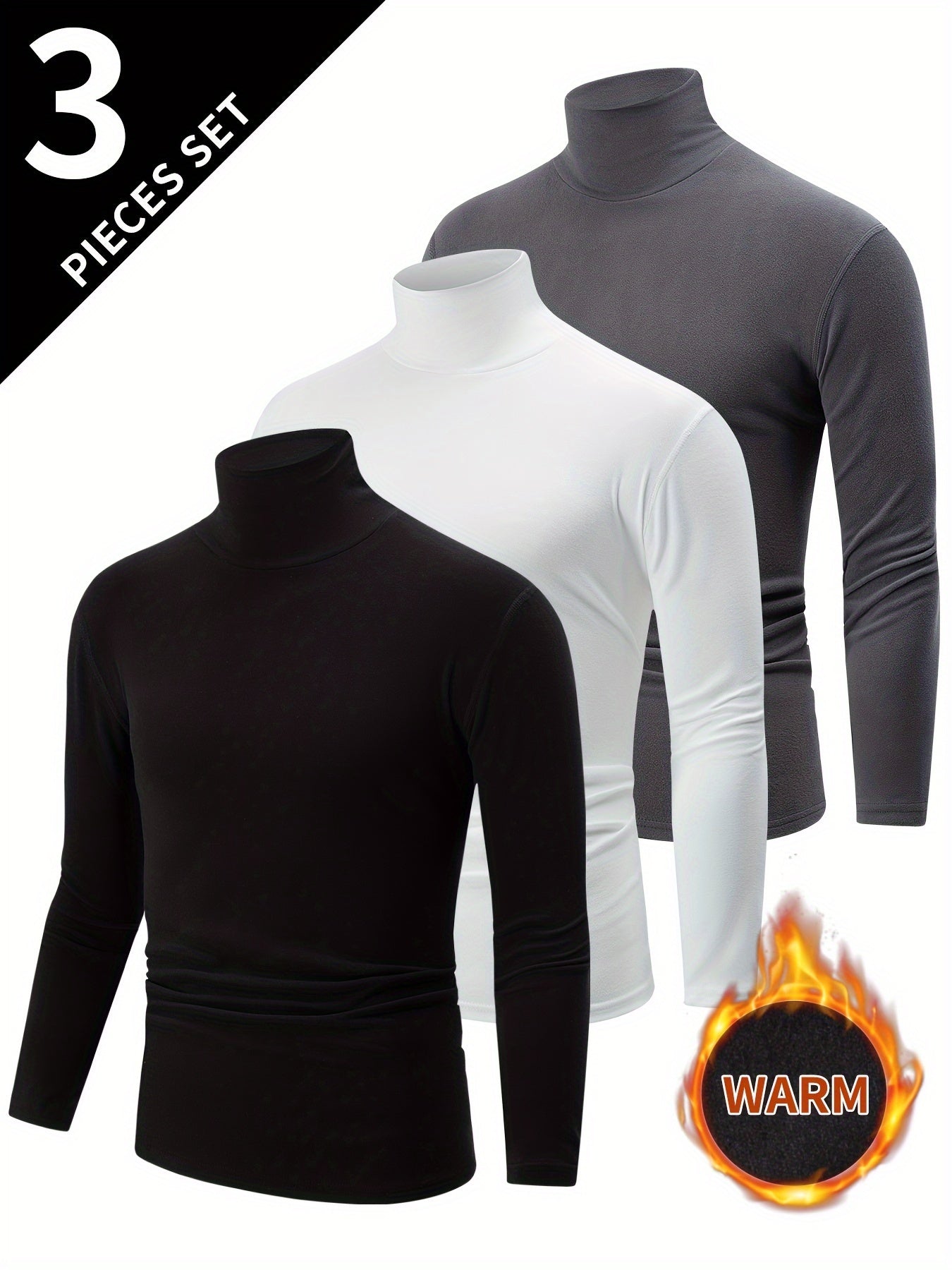 Men's double-sided fleece turtleneck long sleeve shirts, ideal for fall & winter. Stretchy polyester blend, easy care.