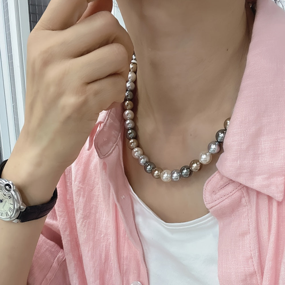 1-piece, large particle 10mm imitation pearl necklace in Maillard light brown warm color. This sweater chain is perfect for autumn and winter, and can be worn daily, for travel, parties, and as a gift.