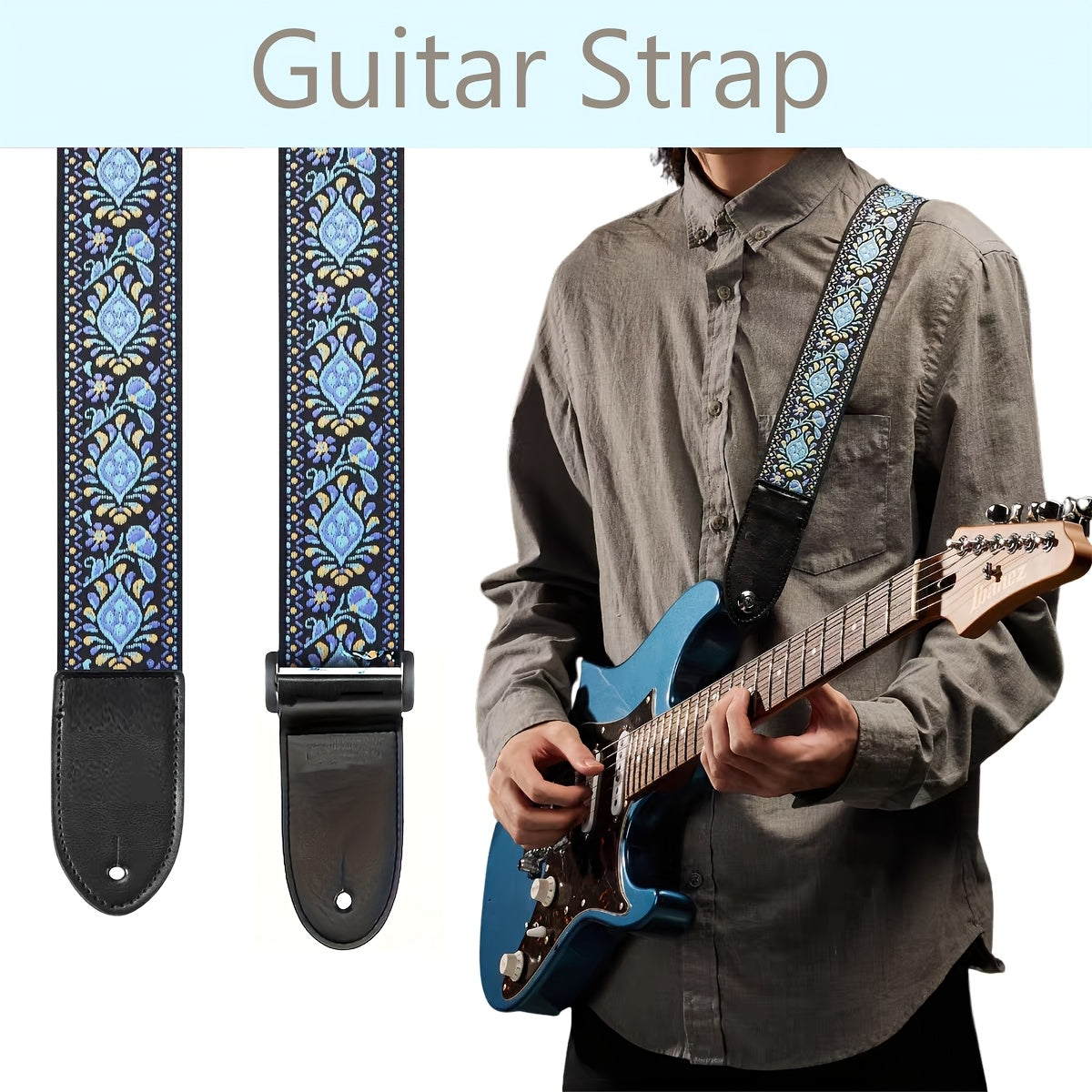 Vintage Blue Floral Embroidered Guitar Strap with Faux Leather Ends - Durable strap for Bass, Electric & Acoustic Guitars