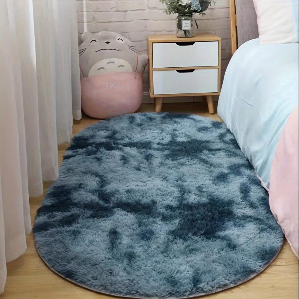 One piece of carpet for the oval bedside bed, front blanket for the living room sofa, coffee table floor mat, and plush room full of simple farmhouse home decor. This aesthetic room is also adorned with art supplies.