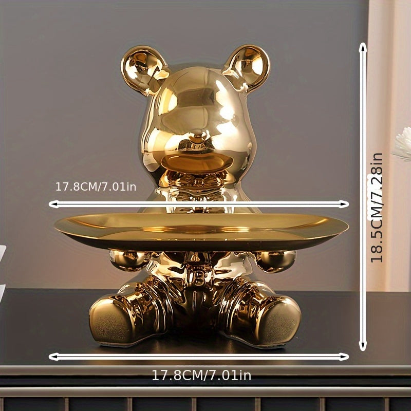 Elegant Ceramic Teddy Bear Key Tray and Money Saving Jar serves as a lightweight entryway organizer and decorative storage ornament.