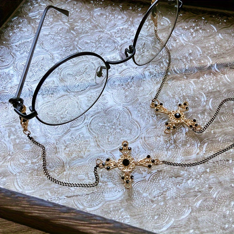 Vintage Gothic Cross Pendant Glasses Chain that functions as an Anti-Slip Sunglasses and Reading Glasses Lanyard. Also doubles as a stylish face covering lanyard for your mask and eyewear retainer.