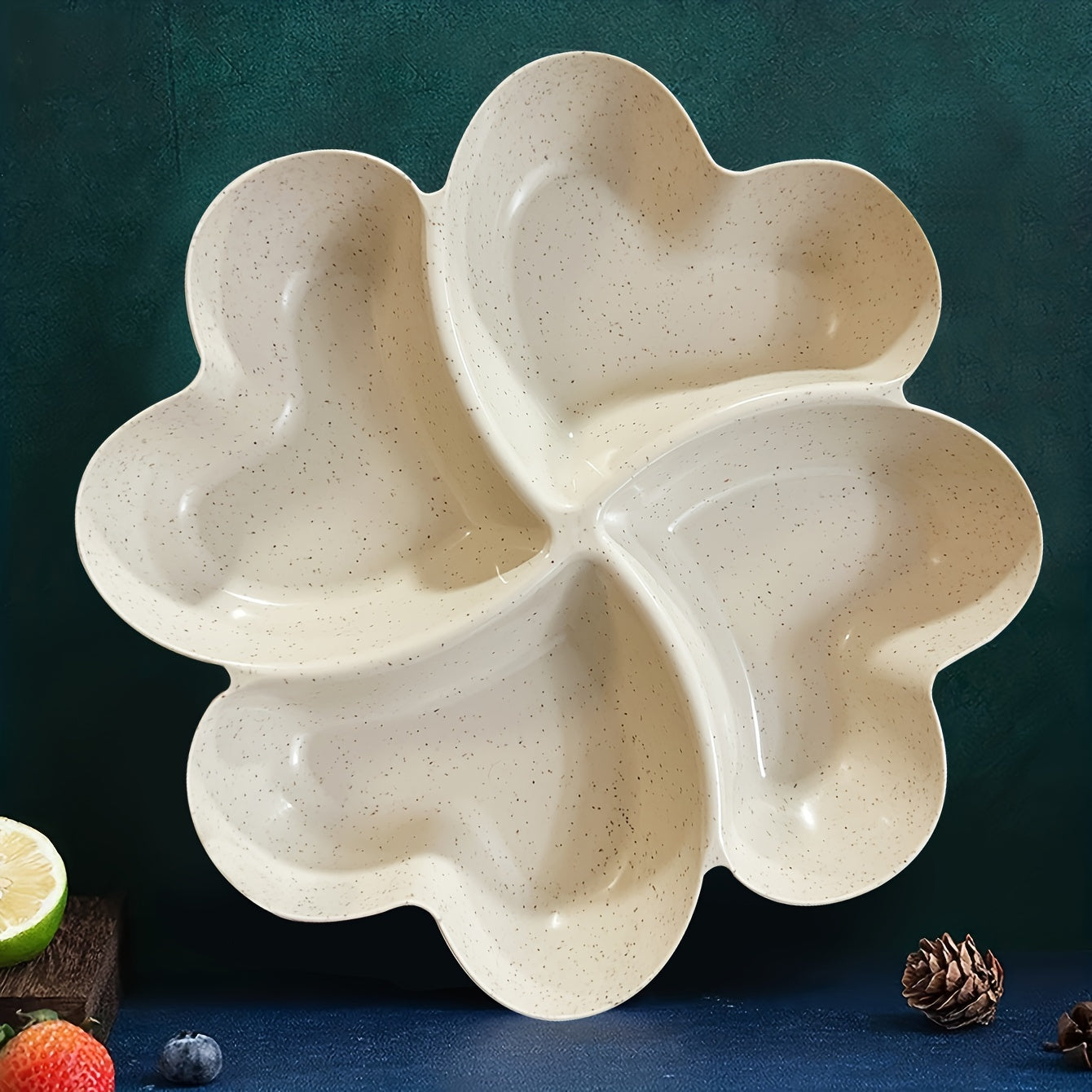 1pc unbreakable chip & dip serving platter with 4-compartment heart-shaped dish for snacks, nuts, candy, fruit, and salads.