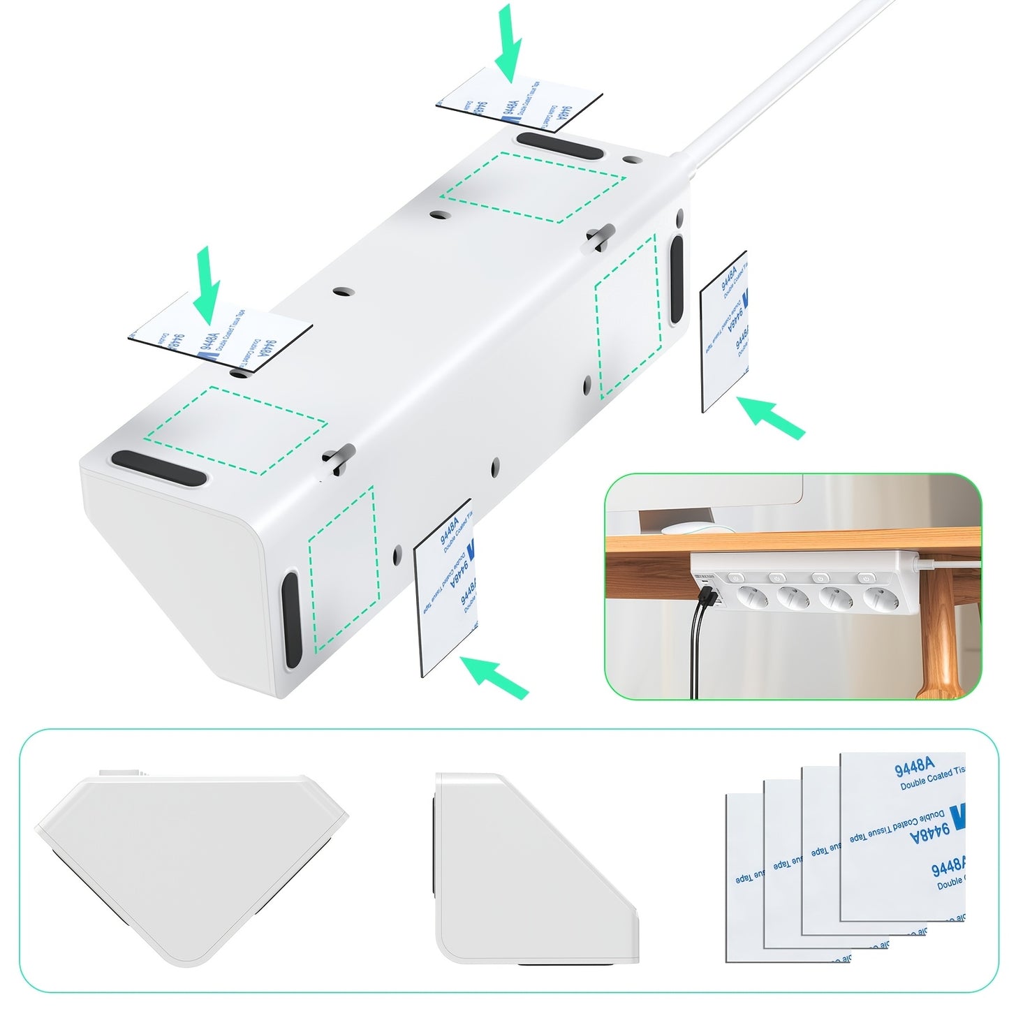 HITRENDS 4-port corner power strip with USB-C and USB-A ports, European standard plug, 220-240V AC, rectangle shape, on/off switch. Ideal for home and office use.