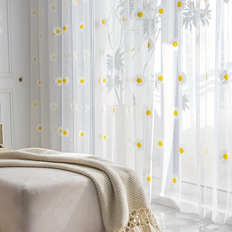 Yellow Daisy Pattern Tulle Curtain Sheer Panel with Embroidered Country Flowers Design, Grommet Top Window Treatment for Kitchen, Restaurant, or Home Decor