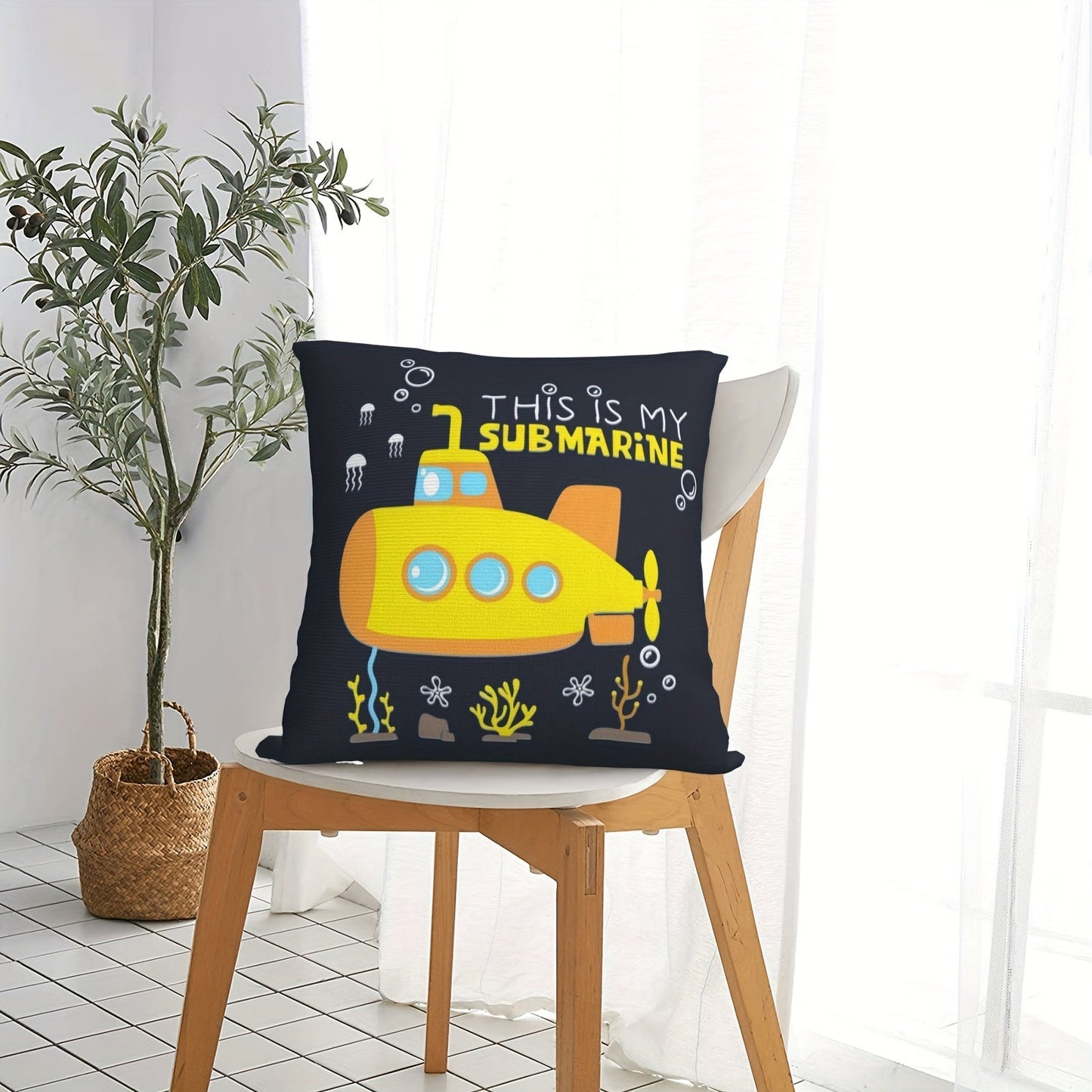 This decorative pillowcase features a fun design of a yellow submarine with the words "This is my submarine" printed on it. Measuring 45.72 x 45.72 cm, it is perfect for adding a playful touch to rooms, sofas, chairs, or bedding. Made of soft plush