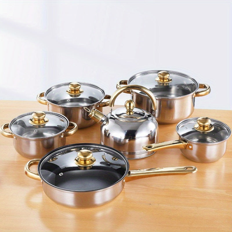 This cookware set includes 4/6 durable stainless steel pieces with golden handles. The versatile collection features pots and pans, including a stock pot and milk pot. Compatible with a variety of stovetops.