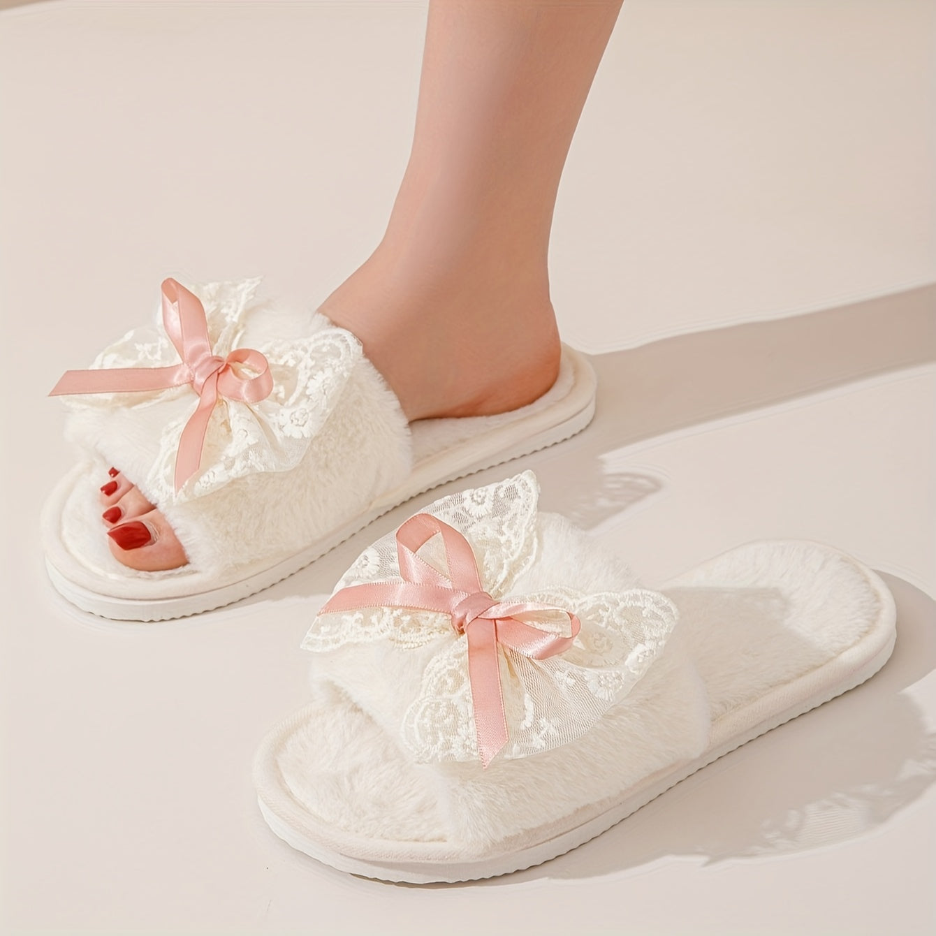 Women's Casual Bowknot Lace Slippers - Comfortable Indoor House Shoes with Soft Fabric Upper, EVA Sole, All-Season Design - Cixi Production Area