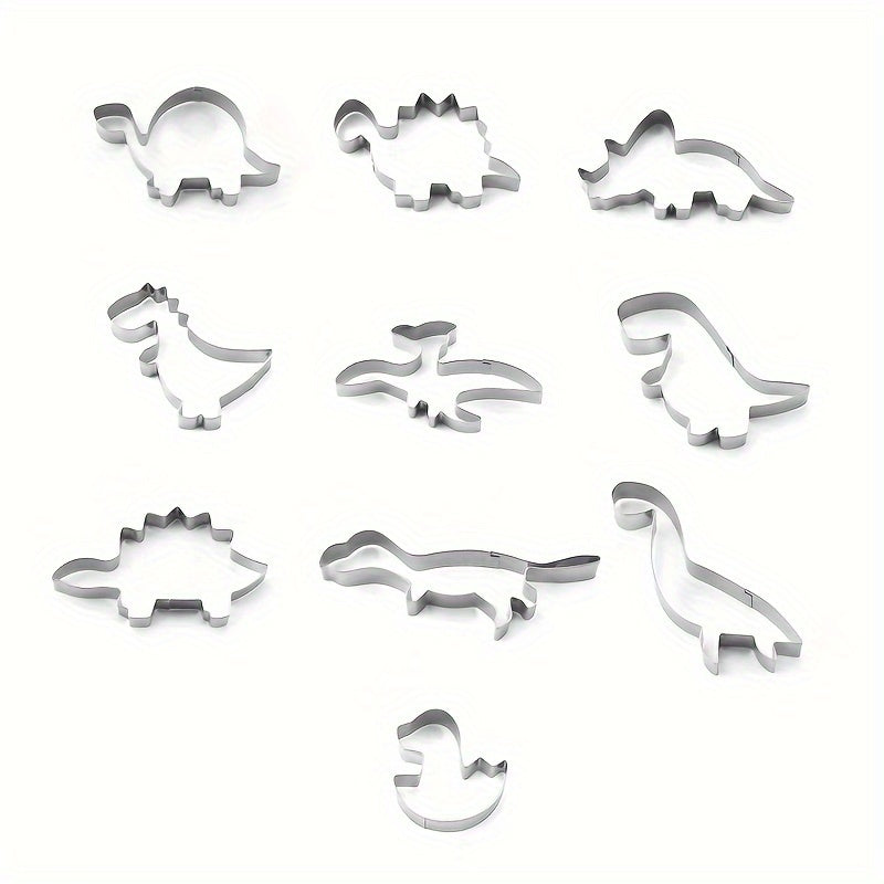 A set of 10 stainless steel dinosaur cookie cutters, perfect for creating fun shapes for baking with kids. These DIY kitchen tools can also be used for cake decoration, making them ideal for children's dinosaur-themed birthday parties.